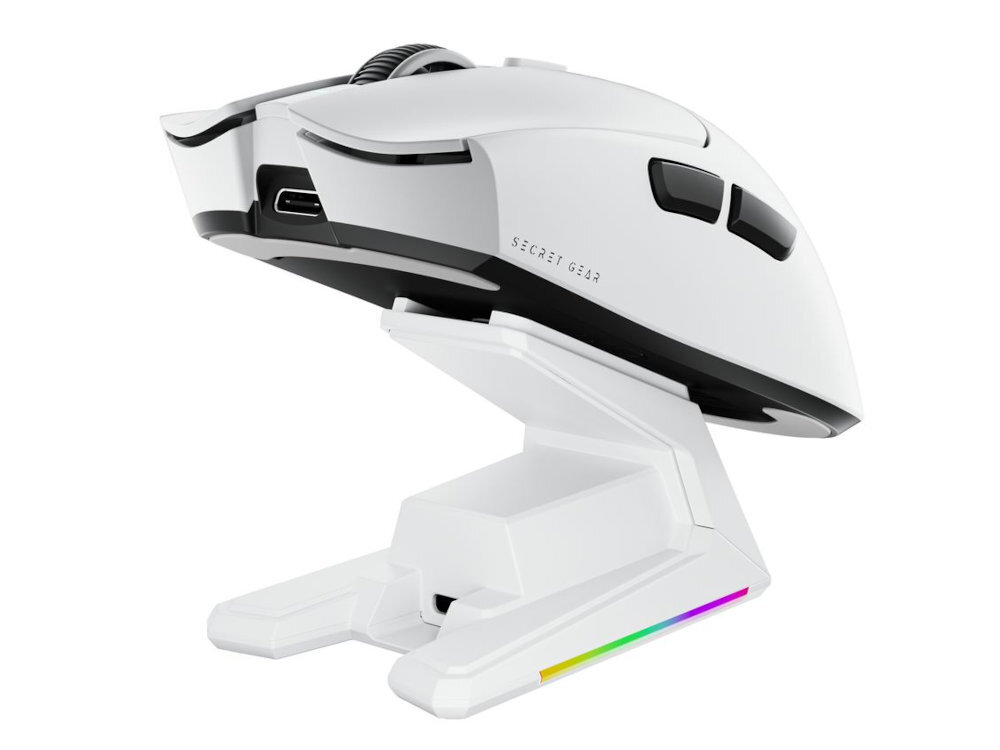 SECRET GEAR ZX1 Secret Gear ZX1 trzem trybom połączenia: przewodowemu, bezprzewodowemu 2.4 GHz oraz Bluetooth stacja ładująca z odbiornikiem 8K - mysz na stacji ładowania