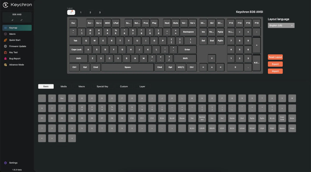 Zestaw KEYCHRON Wireless Combo KCBD2 Keychron Launcher dostosowanie funkcji klawiszy i przycisków, tworzenie skrótów oraz personalizację pod konkretne aplikacje BM25 względem DPI, polling rate i zapisać preferencje w pięciu profilach Aplikacja działa w przeglądarce macOS, Windows i Linux - zrzut ekranu z oprogramowania