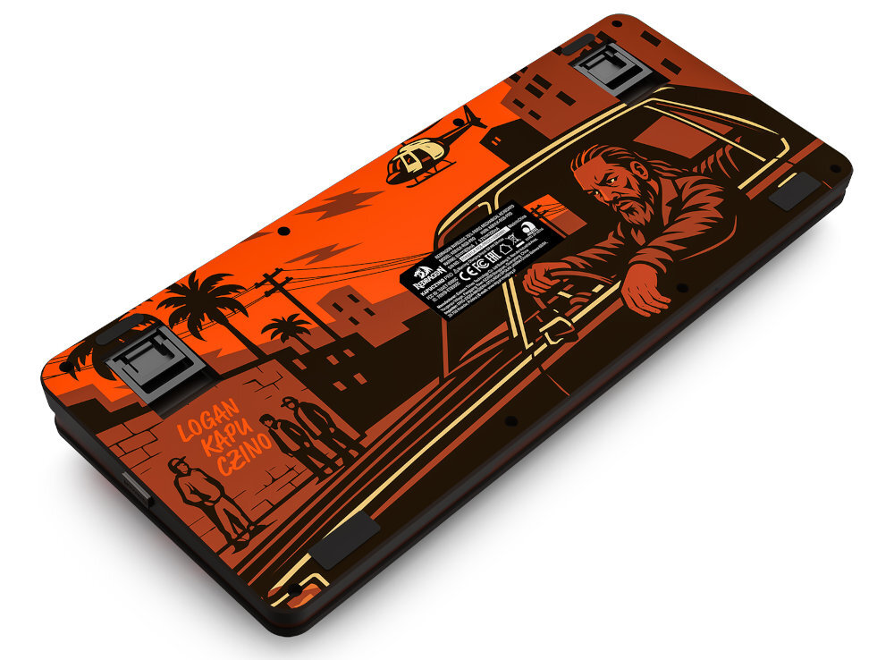 REDRAGON K4PUC21N0 PRO 335 × 140 × 43 mm Kompaktowy format oszczędnością przestrzeni sprzętu gamingowego - spód klawiatury z grafiką logan kapuczino