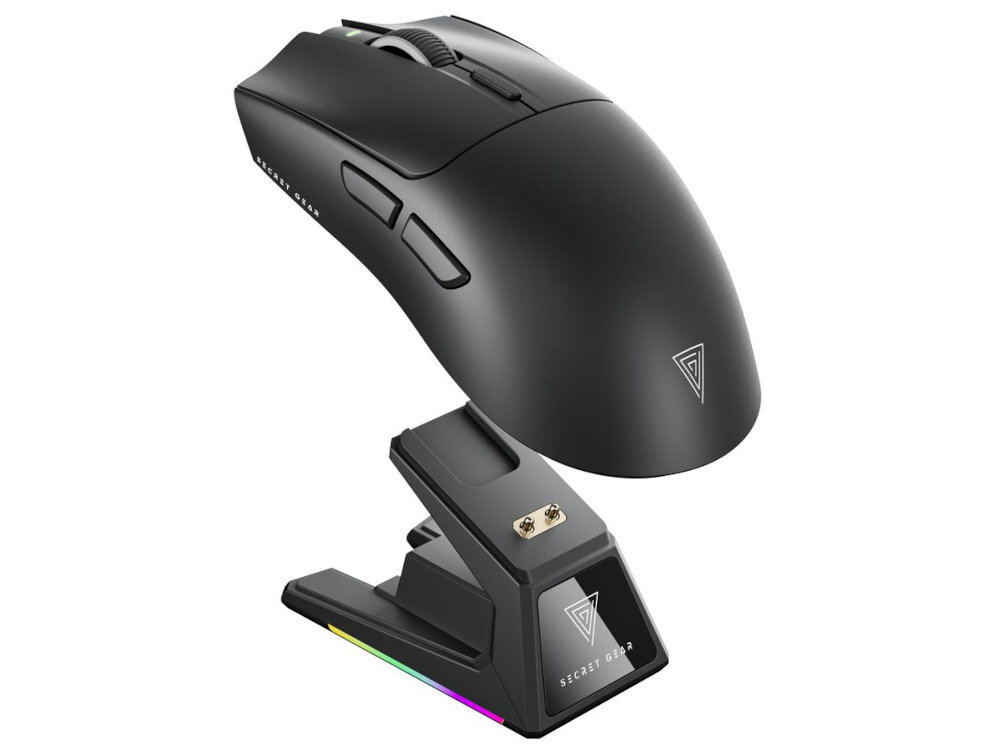 SECRET GEAR ZX1 Secret Gear ZX1 mysz bezprzewodowa zaawansowany sensor przełączniki o długiej żywotności potrójnemu systemowi połączenia wysokiej częstotliwości raportowania - mysz na białym tle z podstawą do ładowania