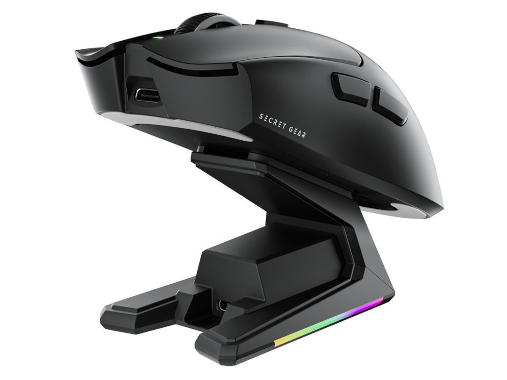 SECRET GEAR ZX1 Secret Gear ZX1 trzem trybom połączenia: przewodowemu, bezprzewodowemu 2.4 GHz oraz Bluetooth stacja ładująca z odbiornikiem 8K - mysz na stacji ładowania