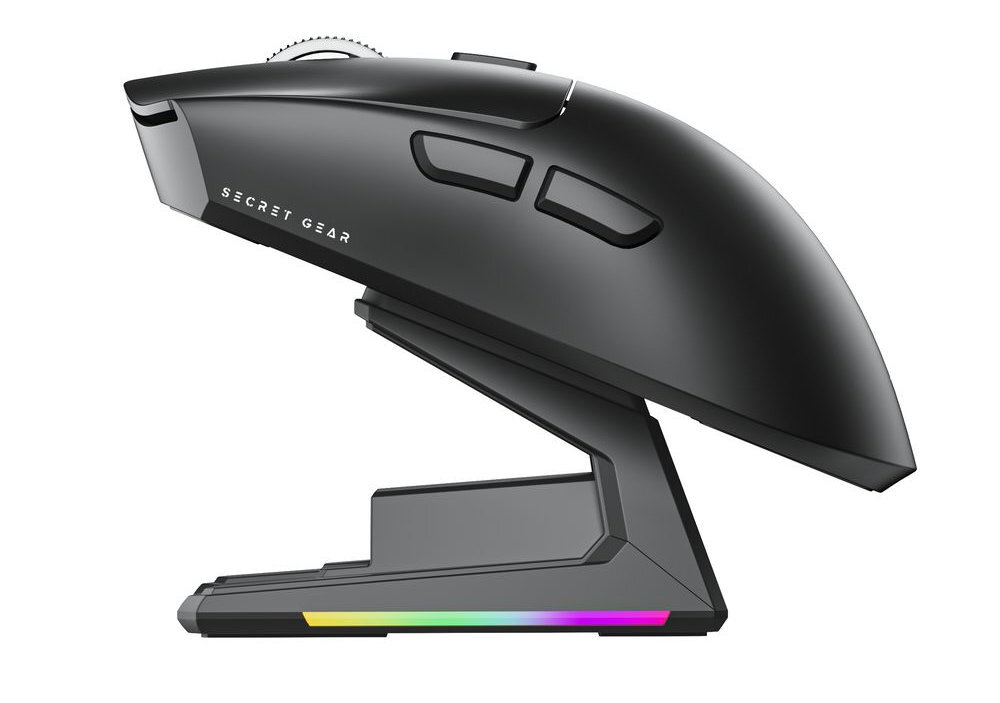 SECRET GEAR ZX1 500 mAh długie godziny pracy szybkie uzupełnianie energii - myszka na stacji ładowania od boku