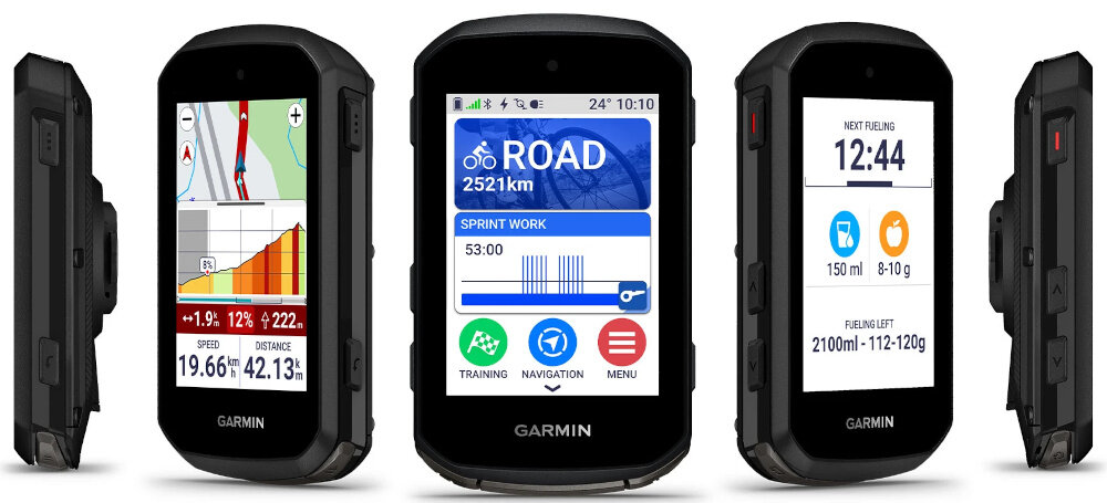 Nawigacja rowerowa GARMIN EDGE 850 010-03023-01 nawigacja na białym tle widoczna od przodu pod skosem i z boku włączony wyświetlacz ułatwia planowanie tras kontrolowanie postępów analizę jazdy duży 3,5-calowy ekran dotykowy nawigacja satelitarna Multi-GNSS precyzyjny kurs w zróżnicowanym terenie