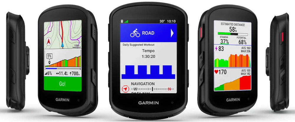 Nawigacja rowerowa GARMIN EDGE 840 010-02695-01 nawigacja na białym tle widoczna od przodu pod skosem i z boku włączony wyświetlacz ułatwia planowanie tras kontrolowanie postępów analizę jazdy duży 2,7-calowy ekran dotykowy nawigacja satelitarna Multi-GNSS precyzyjny kurs w zróżnicowanym terenie