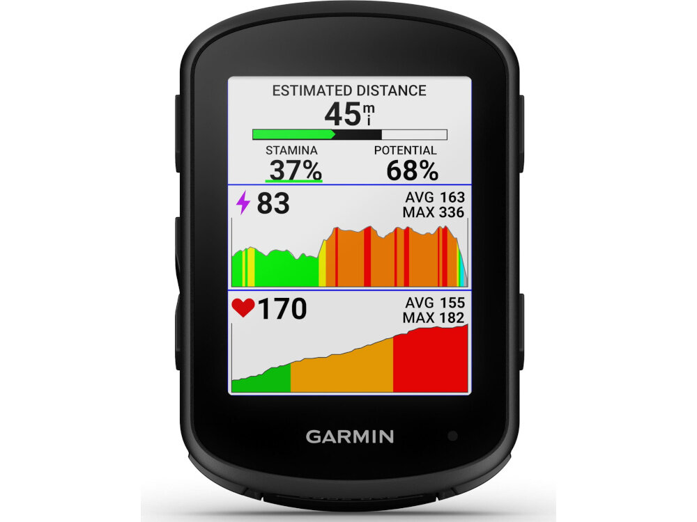 Nawigacja rowerowa GARMIN EDGE 840 010-02695-01 nawigacja na białym tle widoczna w pięciu ujęciach od przodu dwa razy od przodu pod skosem widok na oba boki włączony wyświetlacz kolorowy wyświetlacz transreflektywny TFT o rozdzielczości 246 x 322 px wbudowany czujnik oświetlenia otoczenia automatycznie dostosowującemu jasność ekranu
