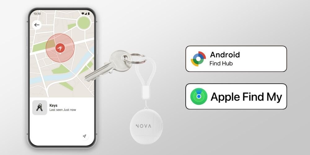 CELLULARLINE Nova OneTag integracji z systemami Google i Apple oficjalnymi rozwiązaniami Find Hub oraz Find My Natywne rozwiązania systemowe - aplikacja mobilna na smartfonie oraz kluczyk z lokalizatorem