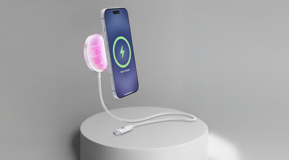 CELLULARLINE WIRPADMAGQI25W Wysokiej jakości materiały Solidna podstawa zapobiega ślizganiu się urządzenia Stylowa obudowa - ładowarka z telefonem na szarym tle