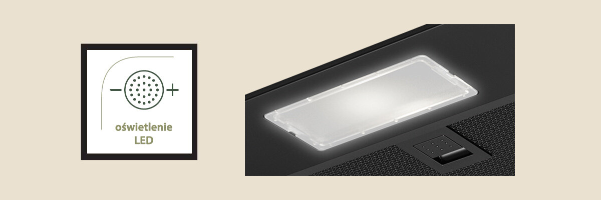 OKAP FABER INKA SMART C BK 52 CZARNY Po lewej stronie widnieje symbol oświetlenia LED, a po prawej zbliżenie na podświetlenie w okapie. Obraz podkreśla energooszczędne i jasne światło urządzenia Energooszczędne Oświetlenie LED jasne naturalne światło