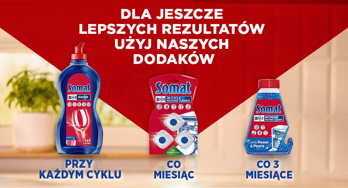 Zestaw produktów uzupełniających: nabłyszczacz Somat Rinser (do każdego cyklu), tabletki czyszczące In-Cycle Machine Cleaner (raz w miesiącu) oraz intensywny czyścik Intensive Machine Cleaner (co 3 miesiące).