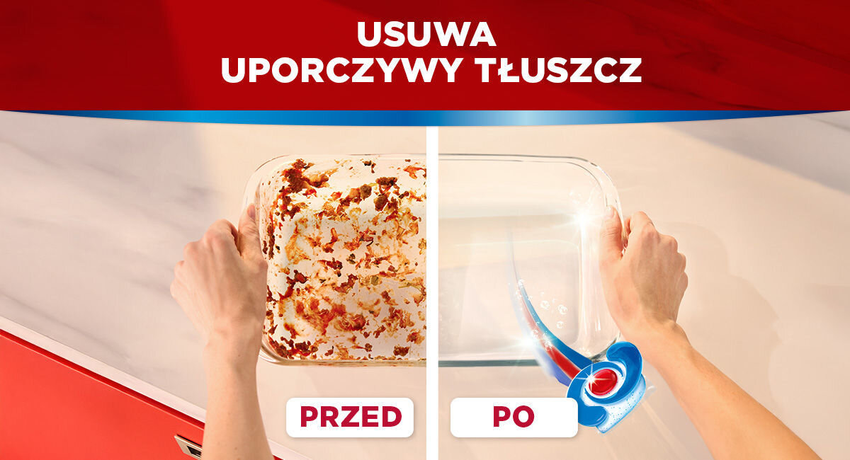 Zestawienie dwóch zdjęć szklanego naczynia żaroodpornego. Po lewej stronie naczynie z zaschniętymi, tłustymi resztkami jedzenia (napis: Przed). Po prawej stronie naczynie idealnie czyste i lśniące po umyciu (napis: Po).