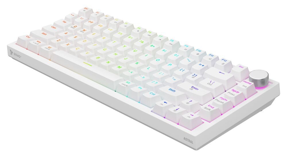 SAVIO Astral konstrukcji typu Gasket Mount (montaż uszczelkowy), metalowej płyty z silikonowymi uszczelkami warstwom pianki amortyzującej i wygłuszającej - klawiatura pod skosem na białym tle