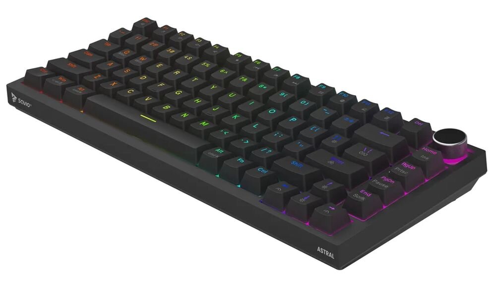 SAVIO Astral konstrukcji typu Gasket Mount (montaż uszczelkowy), metalowej płyty z silikonowymi uszczelkami warstwom pianki amortyzującej i wygłuszającej - klawiatura pod skosem na białym tle