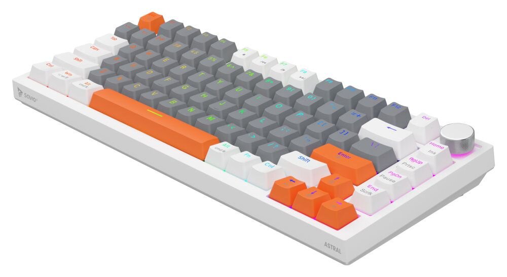 SAVIO Astral konstrukcji typu Gasket Mount (montaż uszczelkowy), metalowej płyty z silikonowymi uszczelkami warstwom pianki amortyzującej i wygłuszającej - klawiatura pod skosem na białym tle