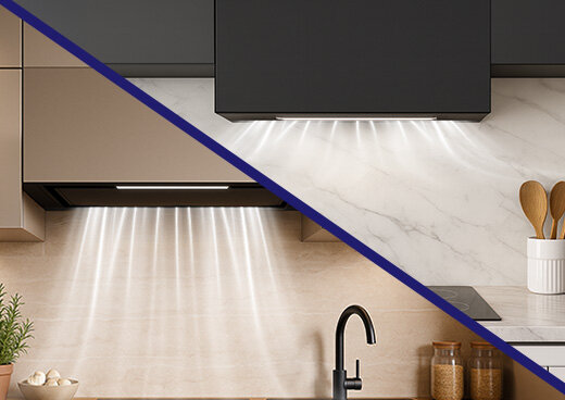 Okap do zabudowy MPM-54-OWS-01 w dwóch aranżacjach – jasnej i ciemnej. Oświetlenie LED oświetla strefę gotowania.