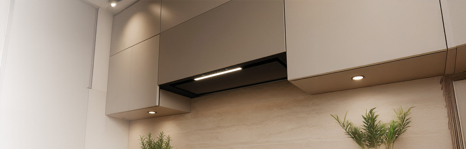 Kuchnia z zabudowanym okapem w szafkach, z widocznym oświetleniem LED. Na blacie znajdują się dwie rośliny w doniczkach.