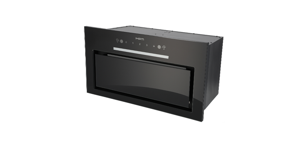 Czarny okap kuchenny z panelem dotykowym i logo MPM na górze. Widoczne są ikony i cyfry od 1 do 3 na panelu sterowania.