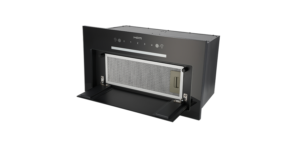 Czarny okap kuchenny z panelem sterowania dotykowego i metalowym filtrem. Na panelu widoczne są ikony i cyfry: 1, 2, 3 oraz logo MPM.