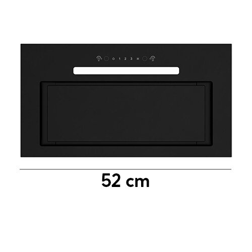 Czarny okap kuchenny z panelem dotykowym i oznaczeniami funkcji na górze. Pod okapem widoczny jest napis \'52 cm\'.