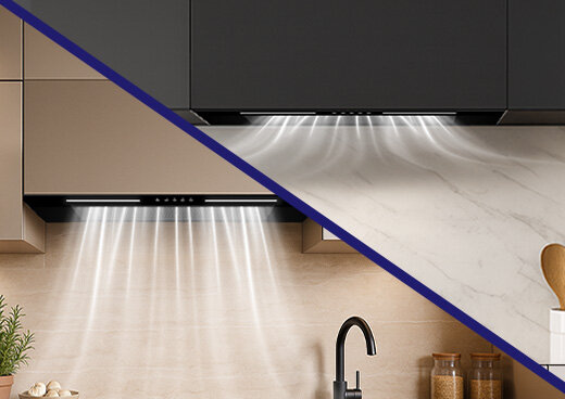 Okap do zabudowy MPM-54-OWS-02 z wizualizacją powietrza w wersji pochłaniania i jako wyciąg.