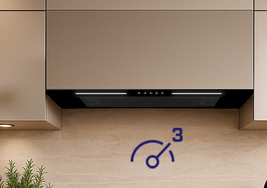 Okap do zabudowy MPM-54-OWS-02 w zabudowie kuchennej i narysowane pokrętło z liczbą 3.