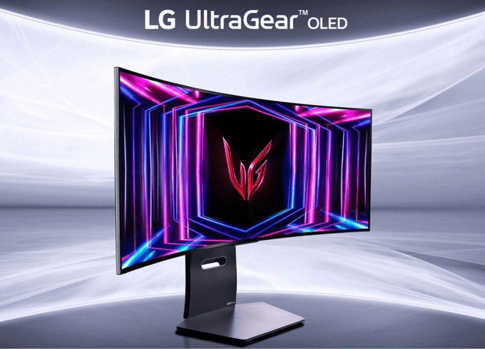 Monitor LG UltraGear 34GS95QE-B.AEU Monitor zakrzywiony z cienkimi ramkami, stojący na biurku, z wyświetlonym na ekranie futurystycznym, neonowym wzorem w kolorach fioletu, różu i niebieskiego, opis