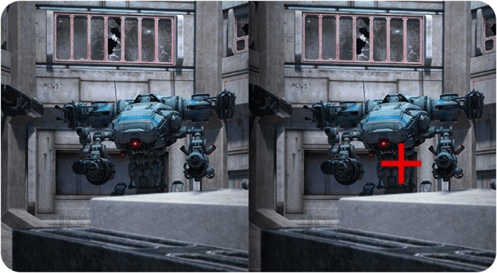 Monitor LG UltraGear 34GS95QE-B.AEU Scena walki w grze, przedstawiająca robota bojowego. Po lewej standardowy widok, po prawej obraz z dodatkowym, czerwonym znacznikiem celowania na przeciwniku, celownik