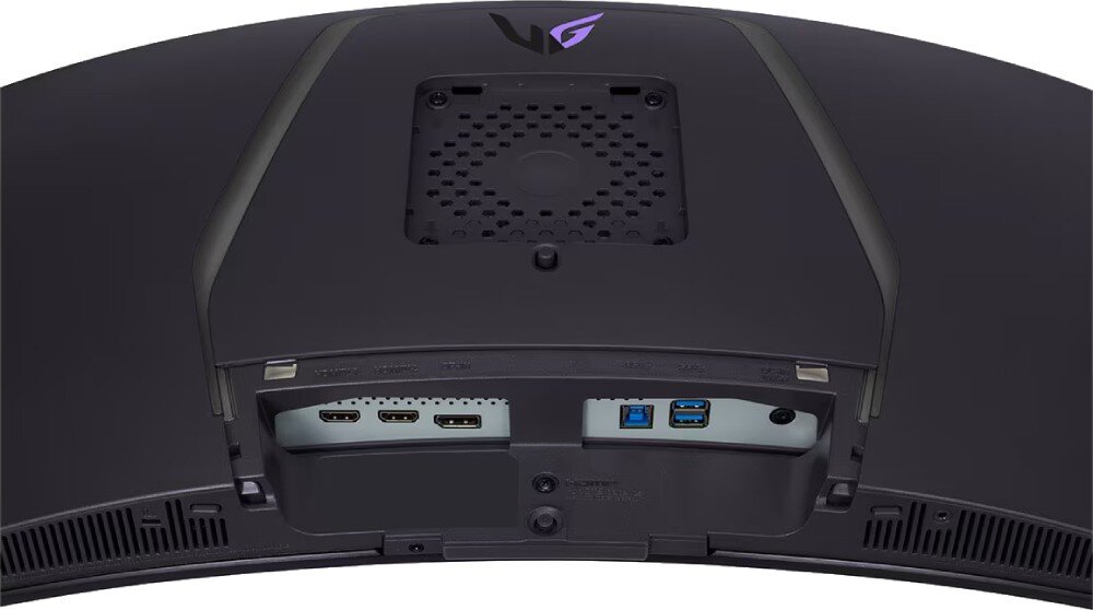Monitor LG UltraGear 34GS95QE-B.AEU Widok tylnej części monitora, ukazujący zestaw portów, gniazda, podłączenie