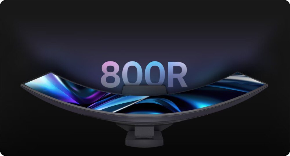 Monitor LG UltraGear 34GS95QE-B.AEU Widok monitora z góry, pokazujący stopień zakrzywienia ekranu o promieniu 800R, zakrzywienie, przekątna, proporcje, rozdzielczość