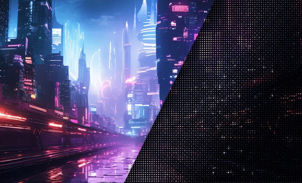 Monitor LG UltraGear 34GS95QE-B.AEU Obraz podzielony na dwie części. Po lewej stronie wyświetlona jest jasna, neonowa panorama miasta w wysokiej jakości, po prawej stronie widoczna siatka pikseli, matryca OLED, kontrast, technologia, kolory