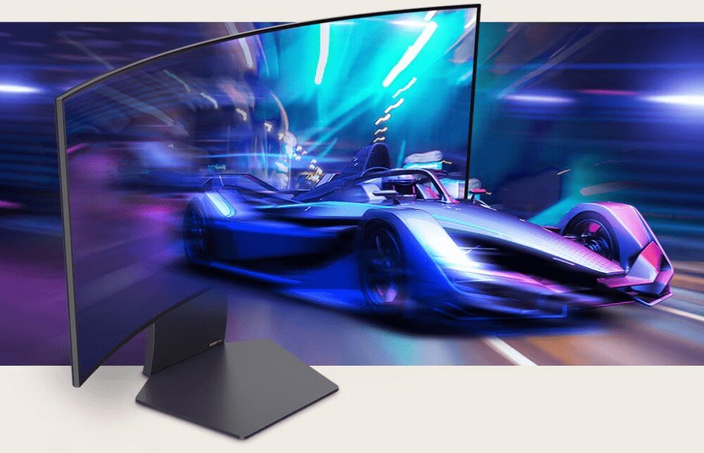 Monitor LG UltraGear 34GS95QE-B.AEU Monitor wyświetlający dynamiczną scenę wyścigu samochodowego, HDR, certyfikat,