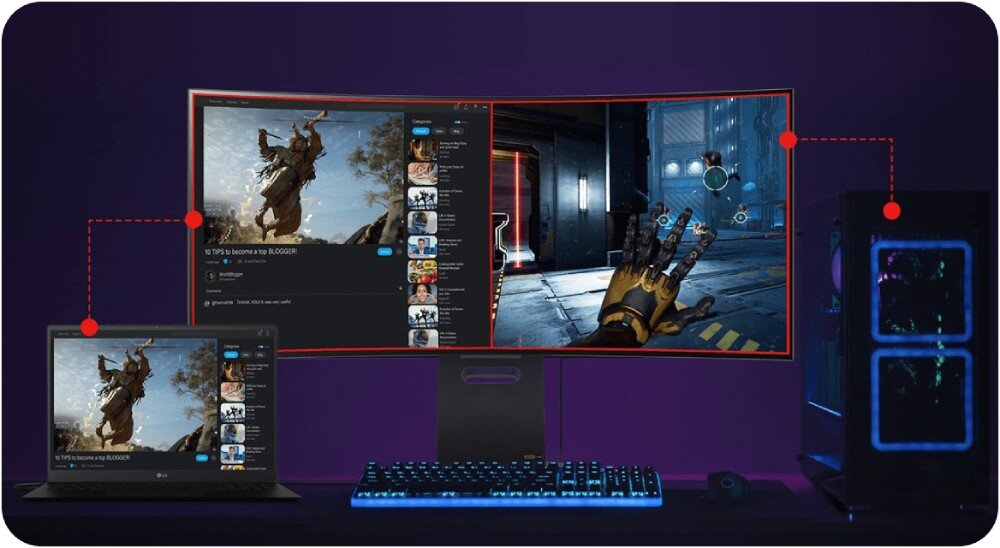 Monitor LG UltraGear 34GS95QE-B.AEU Monitor w trybie wielozadaniowości, podzielony na dwie części. Po lewej stronie wyświetlona przeglądarka internetowa, po prawej gra akcji, funkcje, Picture-by-Picture, Picture-in-Picture