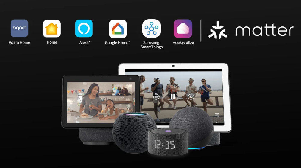 AQARA DW-S03D hubem Aqara Apple Home, Google Home, Amazon Alexa, Samsung SmartThings oraz Yandex Smart Home standardem Matter - ikonki ekosystemów Apple Home, Google Home, Amazon Alexa, Samsung SmartThings oraz Yandex Smart Home