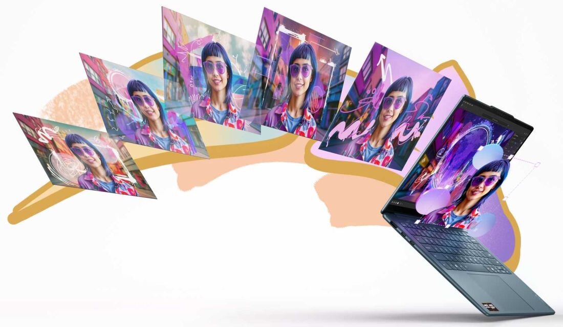 Wielowarstwowy widok konstrukcji laptopa Lenovo Yoga Slim 7 pokazujący system chłodzenia, płytę główną, klawiaturę i ekran w eksplodowanej perspektywie na fioletowym tle z efektami świetlnymi. - Zaawansowany system chłodzenia 