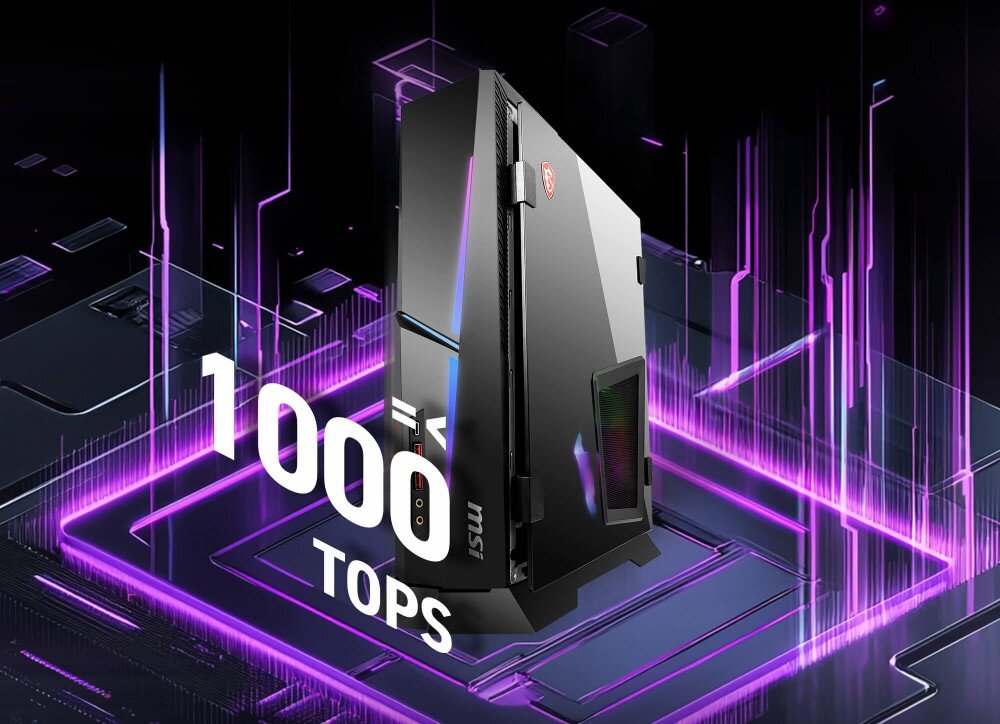Komputer MSI MPG Trident AS AI 2nd 2NVN5-044EU Komputer stacjonarny umieszczony na tle fioletowych ścieżek prądowych układu scalonego, z dużym białym napisem '1000 TOPS' na pierwszym planie, wydajność, AI