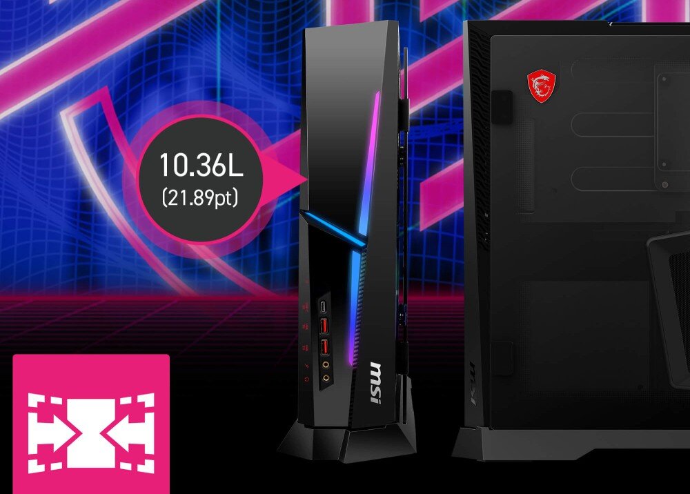 Komputer MSI MPG Trident AS AI 2nd 2NVN5-044EU Czarna, smukła obudowa komputera ustawiona przodem na podstawce, z widocznymi portami i podświetleniem RGB, a obok niej różowe kółko z tekstem '10.36L (21.89pt)', na abstrakcyjnym tle z różową siatką, obudowa, wielkość, wymiary