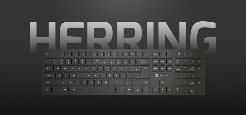 Klawiatura NATEC Herring - klawiatura na szarym tle, z tyłu napis herring