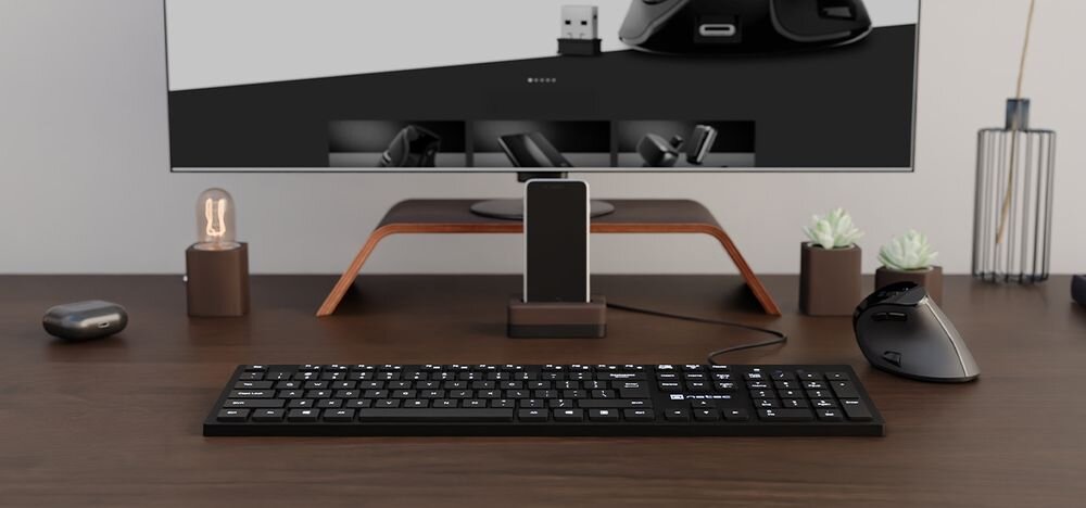 Klawiatura NATEC Herring Płynna, cicha praca klawiszy Niskoprofilowe klawisze Chiclet pełnowymiarowy układ Trwała powłoka UV - klawiatura przed monitorem obok myszki