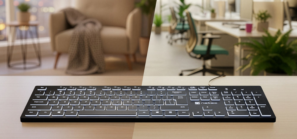 Klawiatura NATEC Herring Glow Niski profil klawiszy naturalne ułożenie dłoni - porównanie podświetlenia