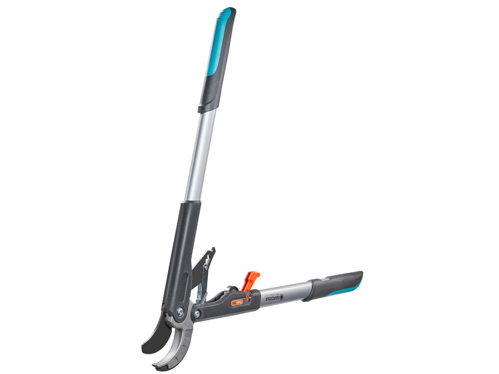 Sekator do gałęzi GARDENA 8773-20 rozłożony sekator na białym tle z materiału o owalnym przekroju stabilność waga 1,32 kg ułatwia manewrowanie