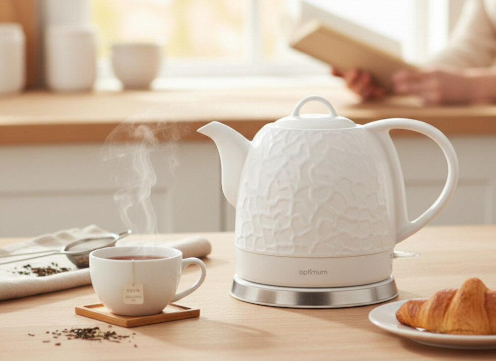 Czajnik OPTIMUM CJS-1310 Marmurek zdjęcie lifestyle Naturalny smak wody motyw Ceramiczna obudowa i subtelne zdobienie moc 1200 W Ceramiczna konstrukcja