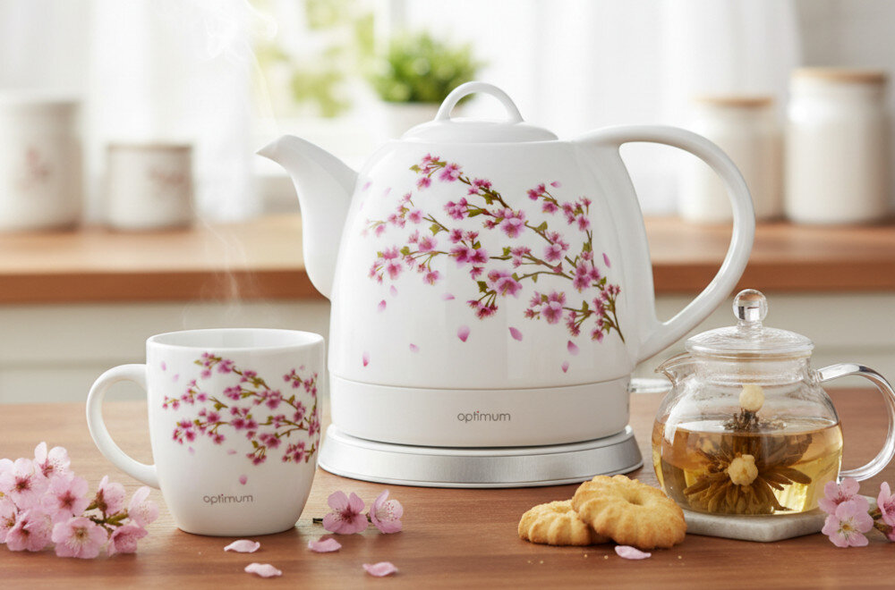 Czajnik OPTIMUM CJS-1310 Gałązka zdjęcie lifestyle Naturalny smak wody motyw Ceramiczna obudowa i subtelne zdobienie moc 1200 W Ceramiczna konstrukcja