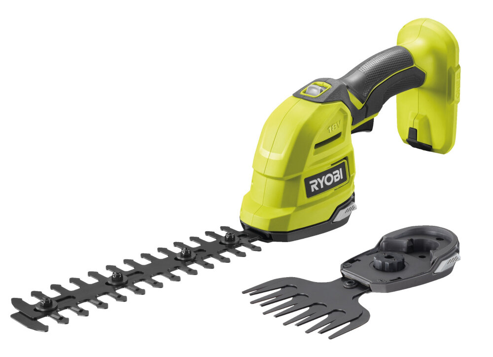 Nożyce do żywopłotu RYOBI RY18GSA-0 200mm 18V akumulatorowe ergonomiczne lekkie 1,01 kg bez akumulatora komfort pracy minimalne zmeczenie dwa narzedzia w jednym nozyce do zywoplotu nozyce do trawy