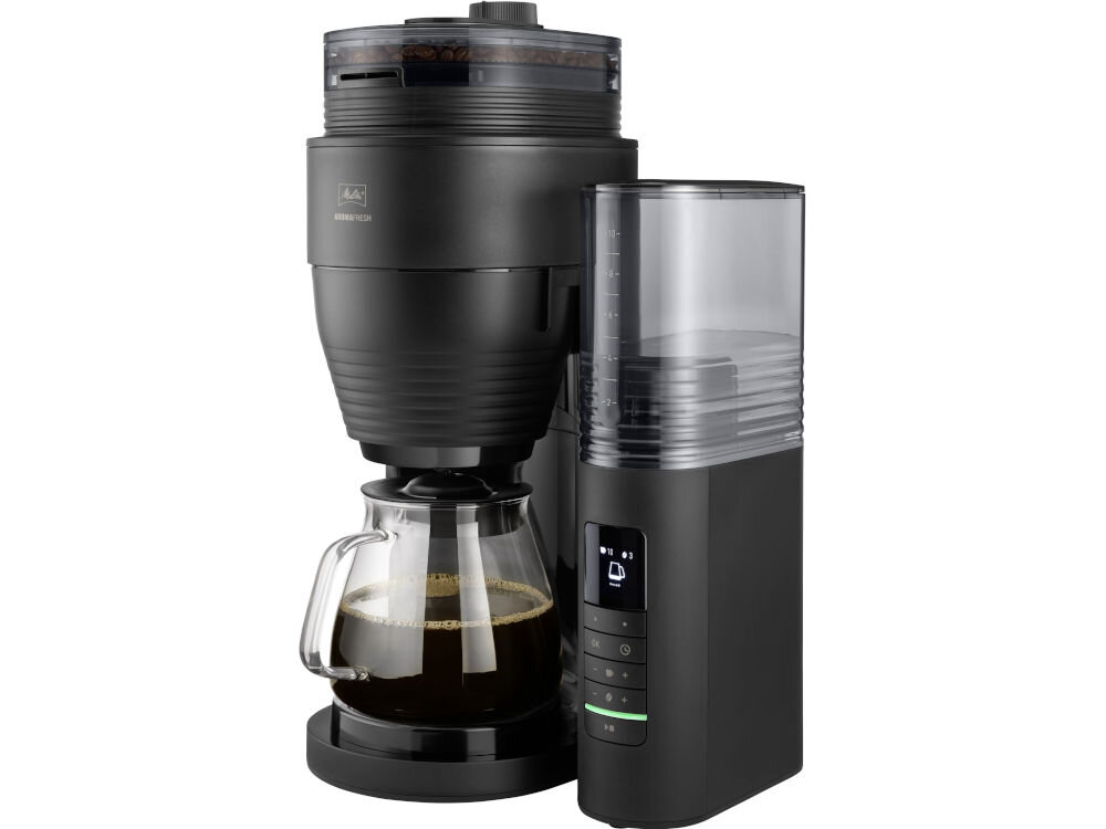 Ekspres MELITTA AromaFresh Pro II 1030-01 Czarny praktyczne funkcje regulacja potrzymania ciepła 10-minutowe kroki do 60 min gorącej kawy automatyczne wyłączenie wygoda energooszczędnosć zintegrowany program odkamieniania wskaźnik osadu kamienia długa żywotność najlepszy smak kawy bardziej komfortowe użytkowanie smaczna kawa 