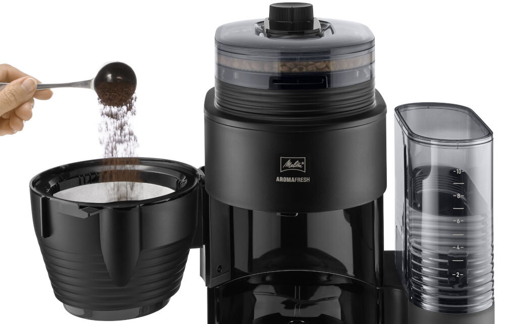 Ekspres MELITTA AromaFresh Pro II 1030-01 Czarny wgoda użytkowania praktyczne rozwiązania składany uchwyt filtra z zintegrowaną blokadą kapania zapobieganie kapaniu płytka utrzymująca ciepło wkład filtra szklany dzbanek możliwośc mycia w zmywarce fnkcja zwijania kabla podświetlany włącznik/wyłącznik łatwe codzinne użytkowanie przechowywanie 