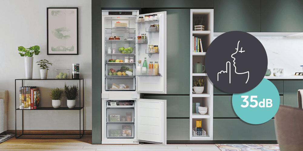 LODÓWKA CANDY ECNBQT3519EW wizualizacja gif ikona kuchnia szafki dekoracje meble półki regał Wyjątkowo cicha praca