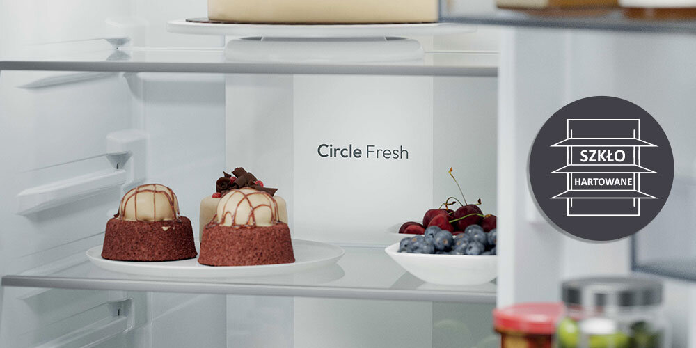 LODÓWKA CANDY ECNBQT3519EW wizualizacja gif ikona szklana półka deser owoce miseczka jasne wnętrze hartowane szkło trwałe wytrzymałe półki