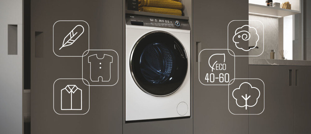 PRALKA HAIER HW90-B14979EU1-S I-PRO 7 PLUS 9KG 1400OBR AI SMART HON ABT REFRESH Kompletny zestaw cykli prania funkcje programy szybki 15-minutowy cykl, tryb Eco 40-60, cykl antyalergiczny, odświeżanie odzieży