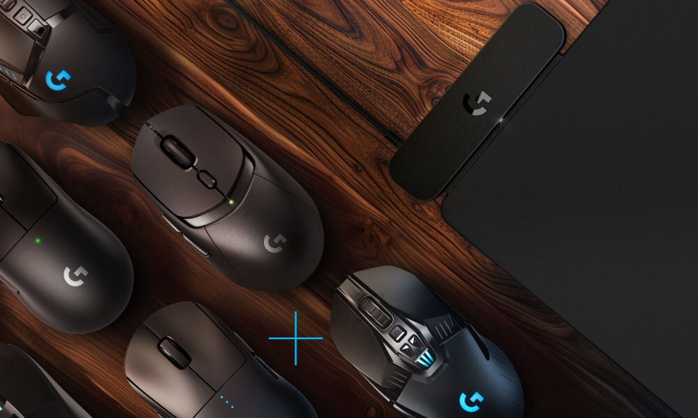 Podkładka LOGITECH Powerplay 2 kilka rodzajów myszy obok podkładki 11 modeli myszy szeroka kompatybilność