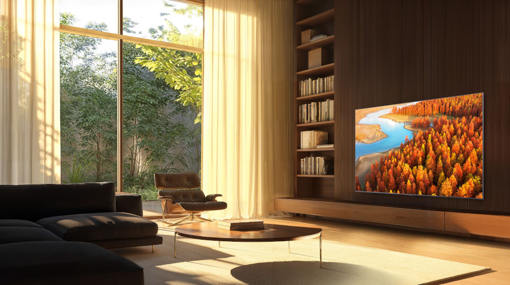 Telewizor TCL 65C8K - Styl, który przyciąga wzrok, Cienka, metalowa obudowa, Smukła konstrukcja, Regulowana podstawa, telewzior zawieszony na ścianie w salonie