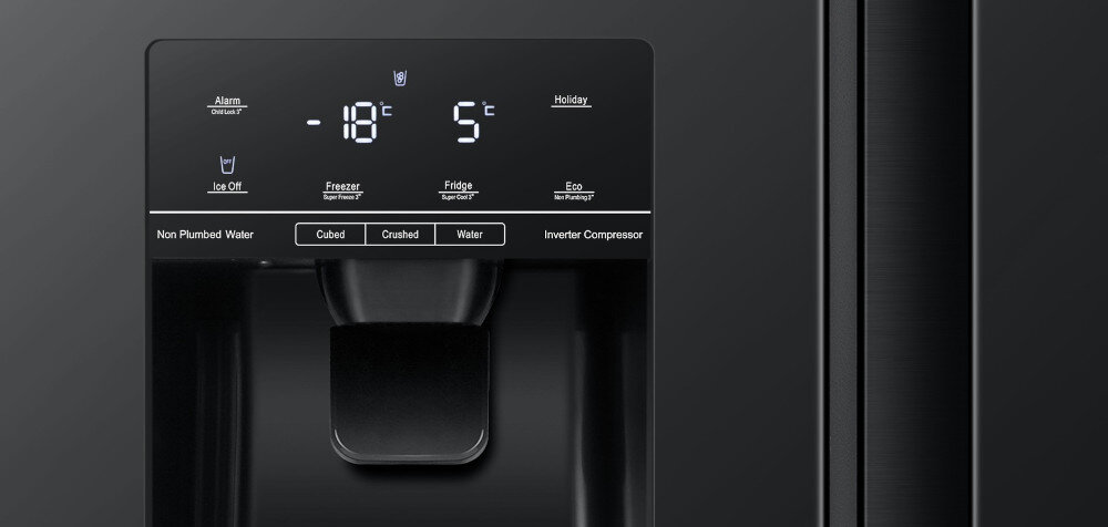 LODÓWKA HISENSE RS694N4GBE sterowanie elektroniczne panel ustawienia funkcje kostki lodu mrożenie woda dyspenser